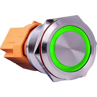 Zilveren drukknop met groene verlichtingsring en oranje bevestiging; typisch gebruikt voor signaal- of bedieningsdoeleinden.
