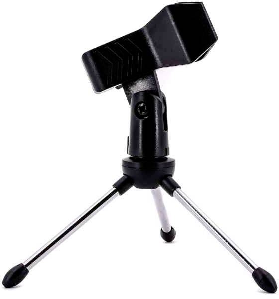 Zwart microfoonstatief met verstelbare houder en drie zilveren poten. Ideaal voor tafel- of vlouropnames in de studio.