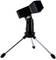 Zwart microfoonstatief met verstelbare houder en drie zilveren poten. Ideaal voor tafel- of vlouropnames in de studio.