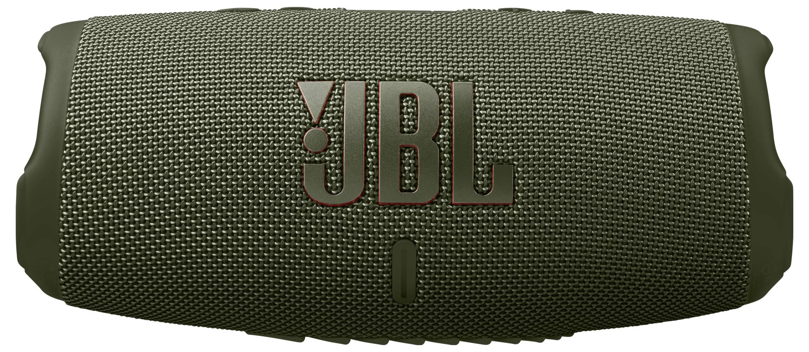 Draagbare luidspreker van JBL in zwarte kleur. Rechthoekig ontwerp met een gestructureerde behuizing en logo in het midden.