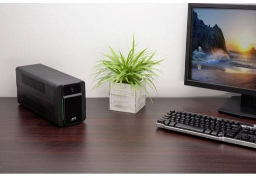 Een bureau met een computer, een toetsenbord, een monitor die een kustlandschap toont, een kleine plantenpot en een UPS-apparaat.