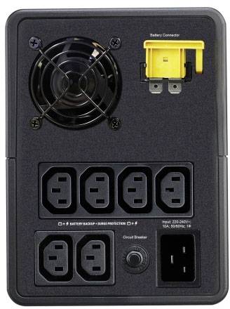 Achterkant van een UPS-apparaat met ventilator, batterijvak rechtsboven, zes stopcontacten voor apparaten en een netaansluiting rechtsonder.