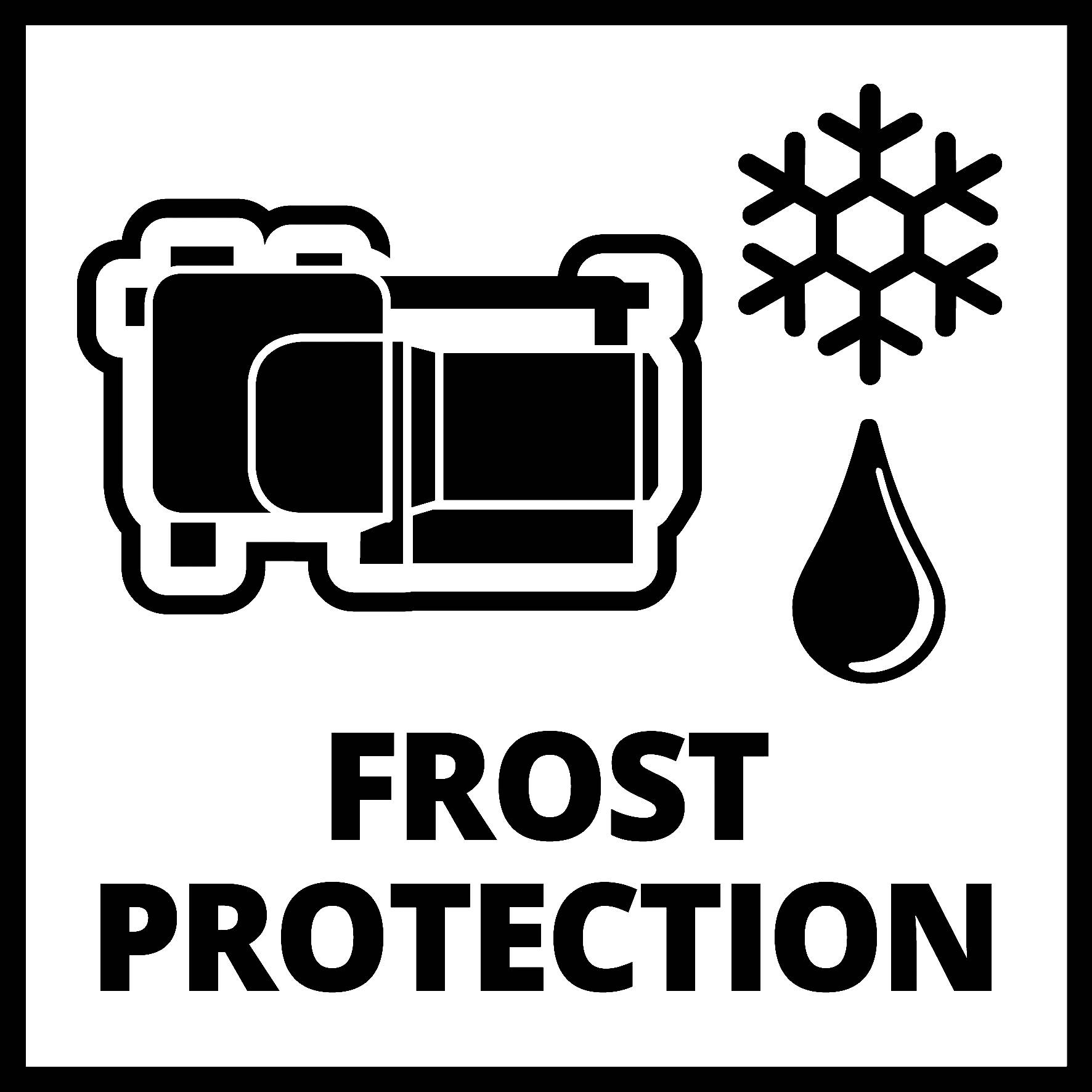 Een symbool met een verwarmingstoestel, een sneeuwvlok en een druppel. Eronder staat 'Frost Protection', wat vorstbescherming betekent.