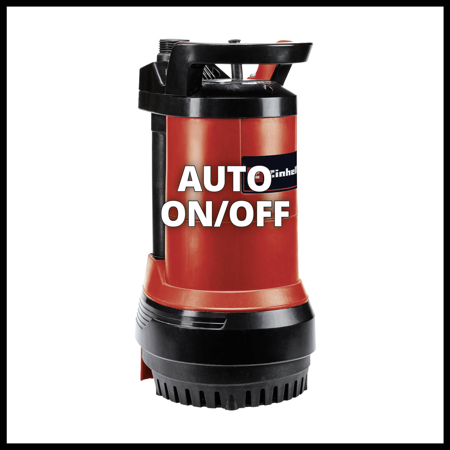 Een rood-zwarte waterpomp met automatische aan-/uitschakelaar, staand model, geschikt voor gebruik in tuinen.