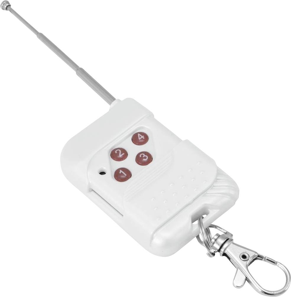 Een witte radiografische afstandsbedieningssleutelhanger met vier genummerde rode toetsen en een uittrekbare antenne.
