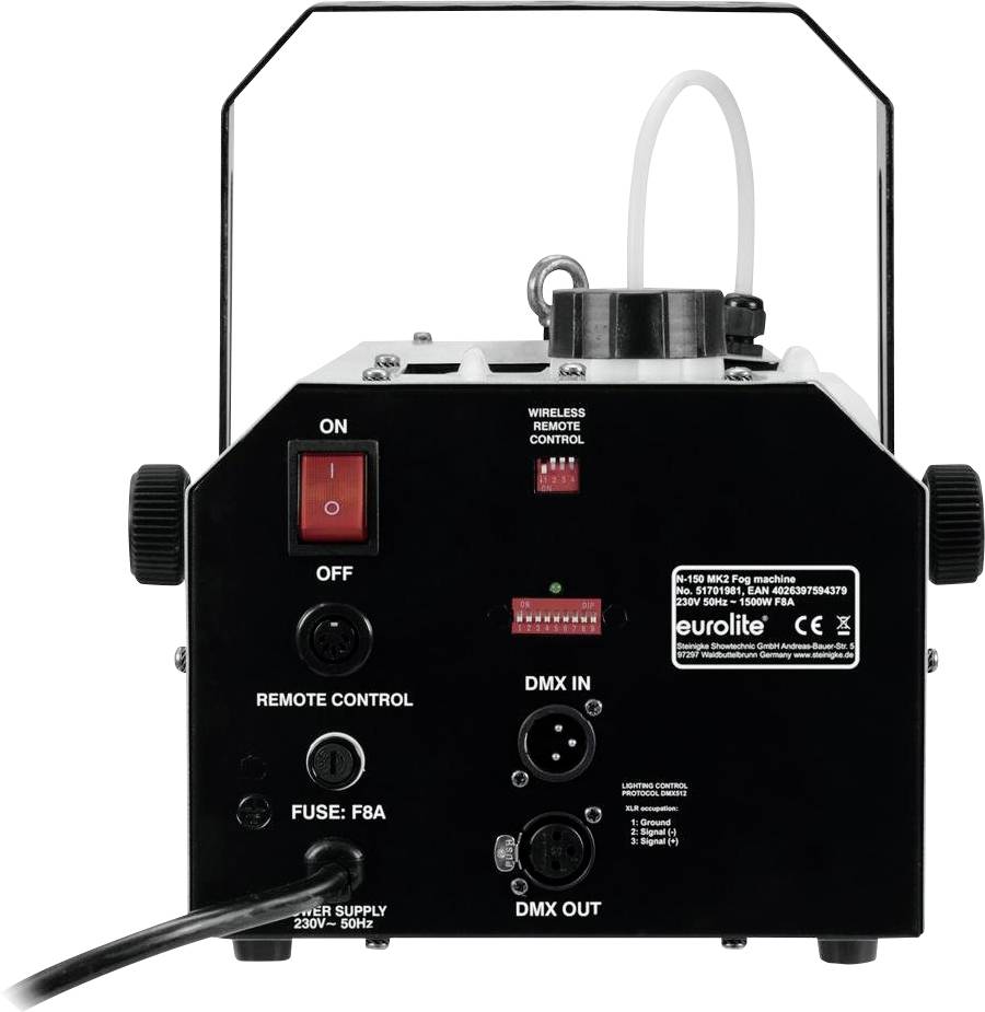 Achterzijde van een rookmachine met schakelaars voor Aan/Uit, DMX-aansluitingen en zekering. Kabel- en draadloze opties zichtbaar.