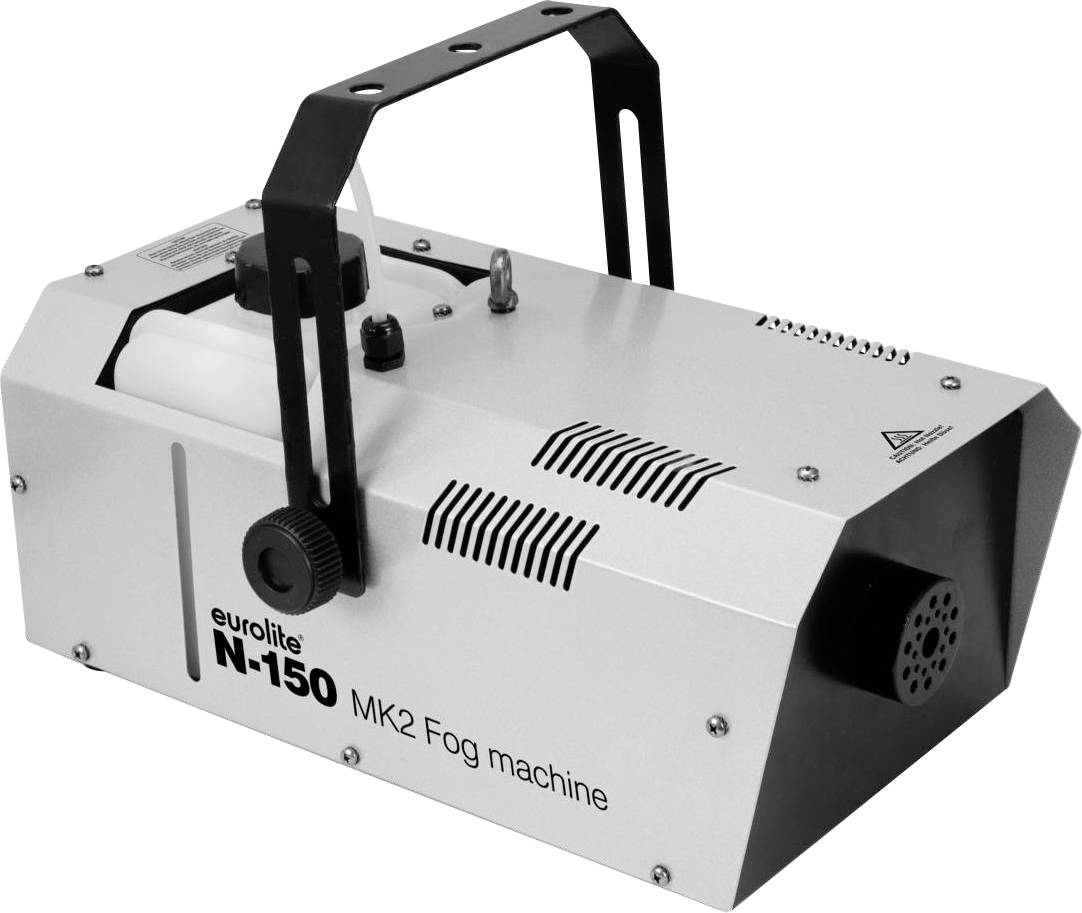 Rookmachine 'Eurolite N-150 MK2', zilver en zwart, met handgreep en ventilatiesleuven, gebruikt voor het creëren van rookeffecten.