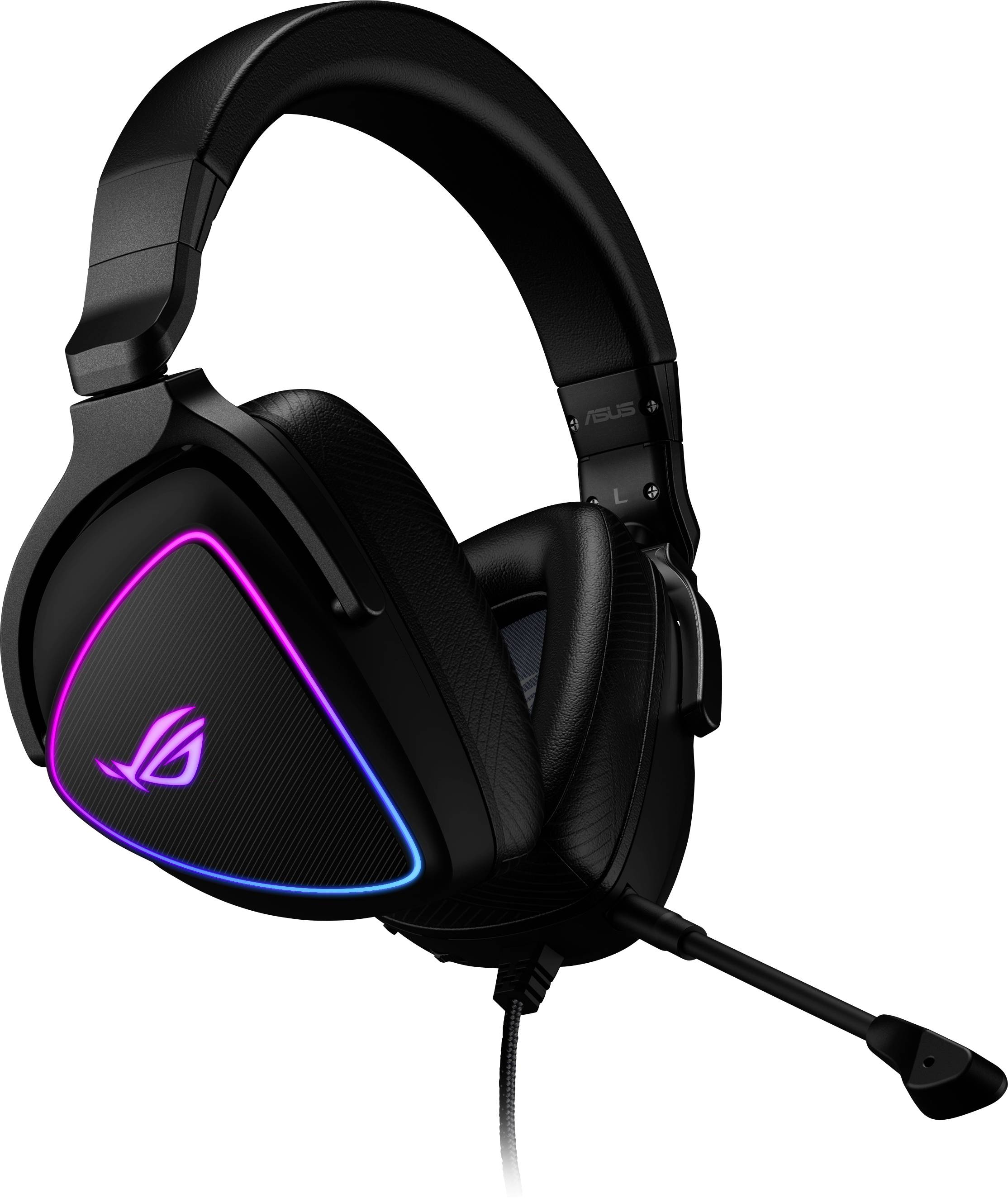 Zwart gaming-headset met microfoon, verlicht door kleurrijke LED-verlichting. Merklogo zichtbaar op de oorschelpen.