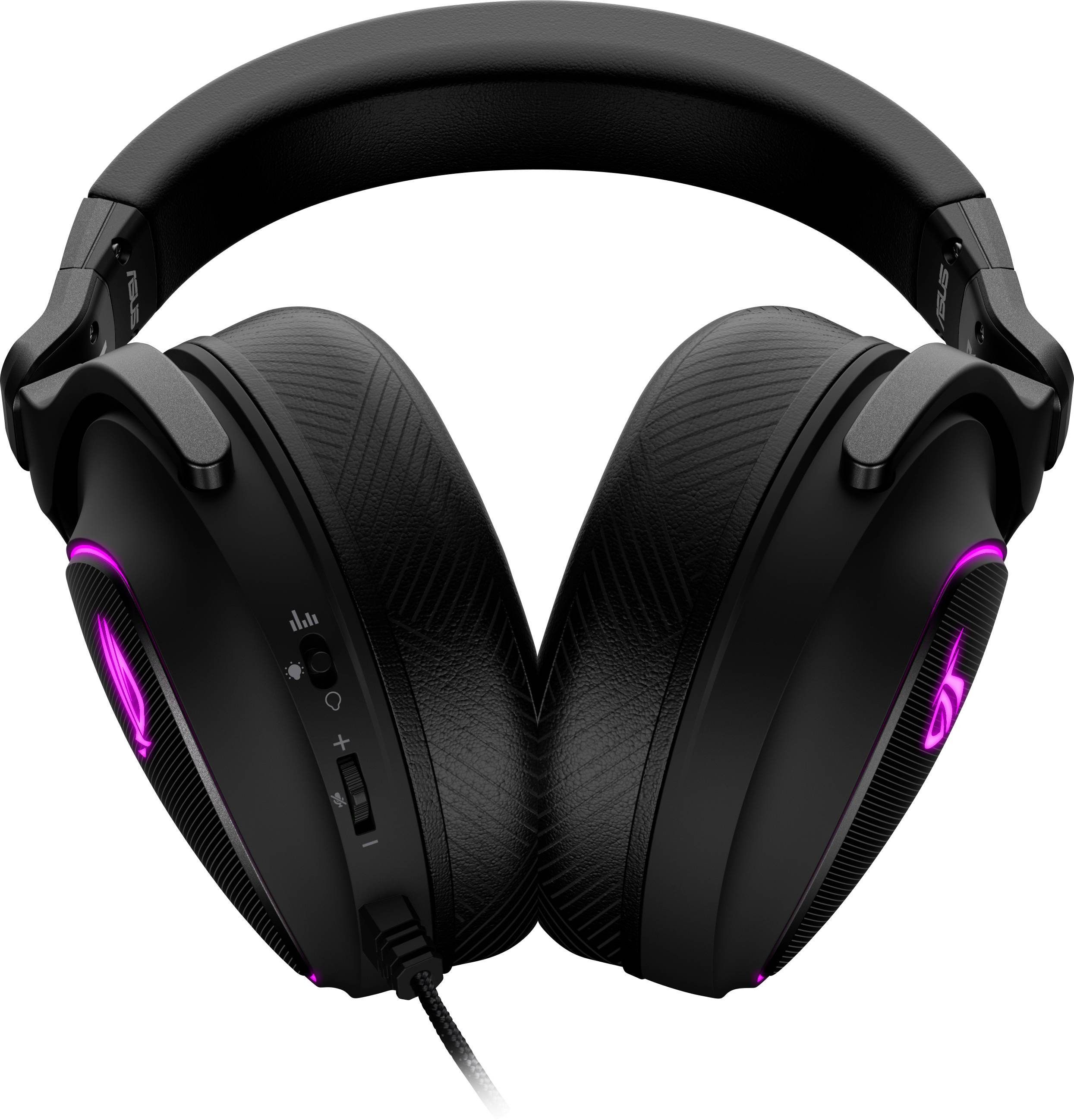 Zwarte gaming-headset met paarse verlichting en bedieningselementen aan de zijkant. Geoptimaliseerd voor een comfortabele gamingervaring.