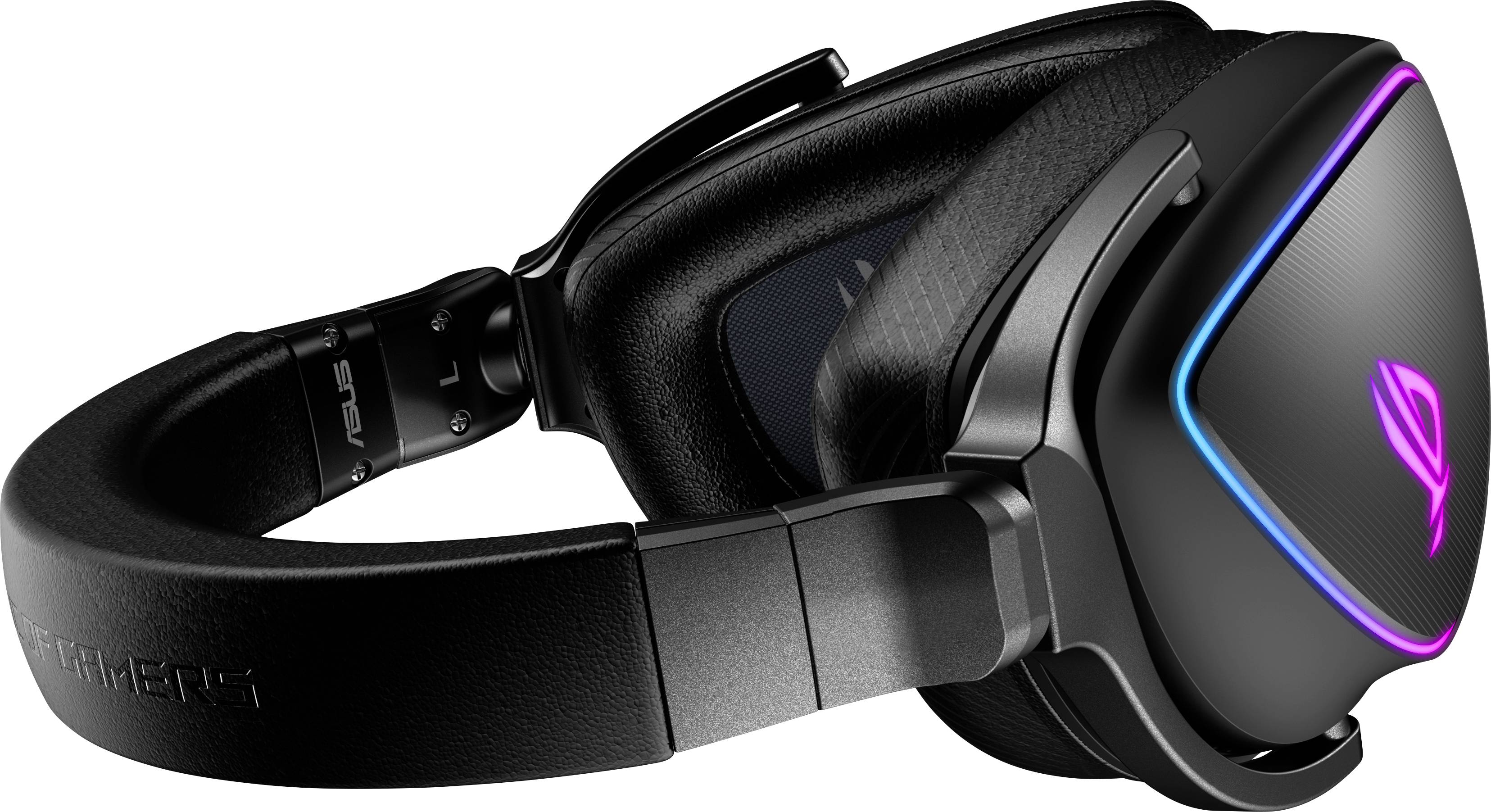 Zwart gaming-headset met lichtgevende accenten en een merklogo aan de zijkant.