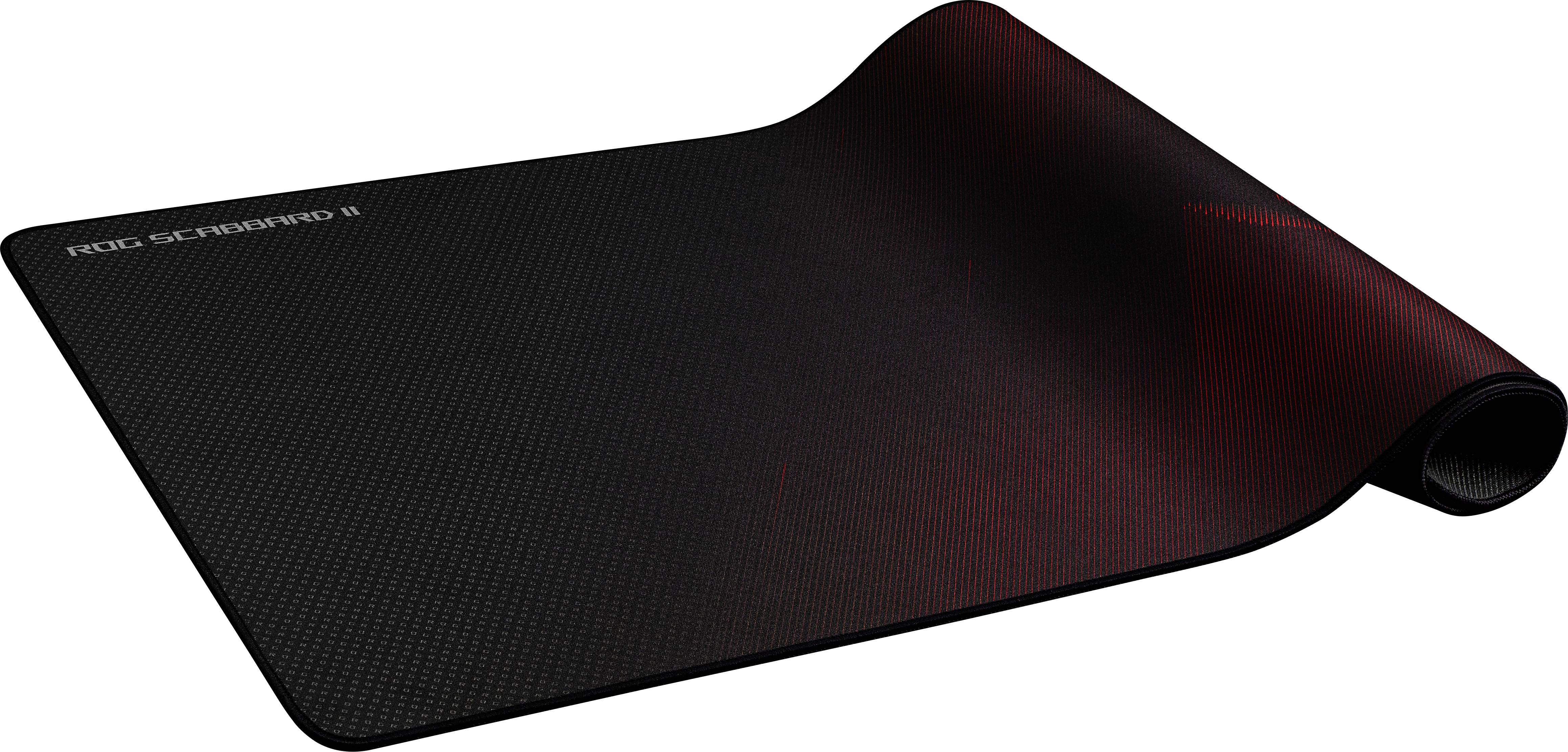 Een groot, zwart gaming-muismat met licht gerolde rand. In de linkerbovenhoek is het opschrift 'ROG Scabbard II' zichtbaar.