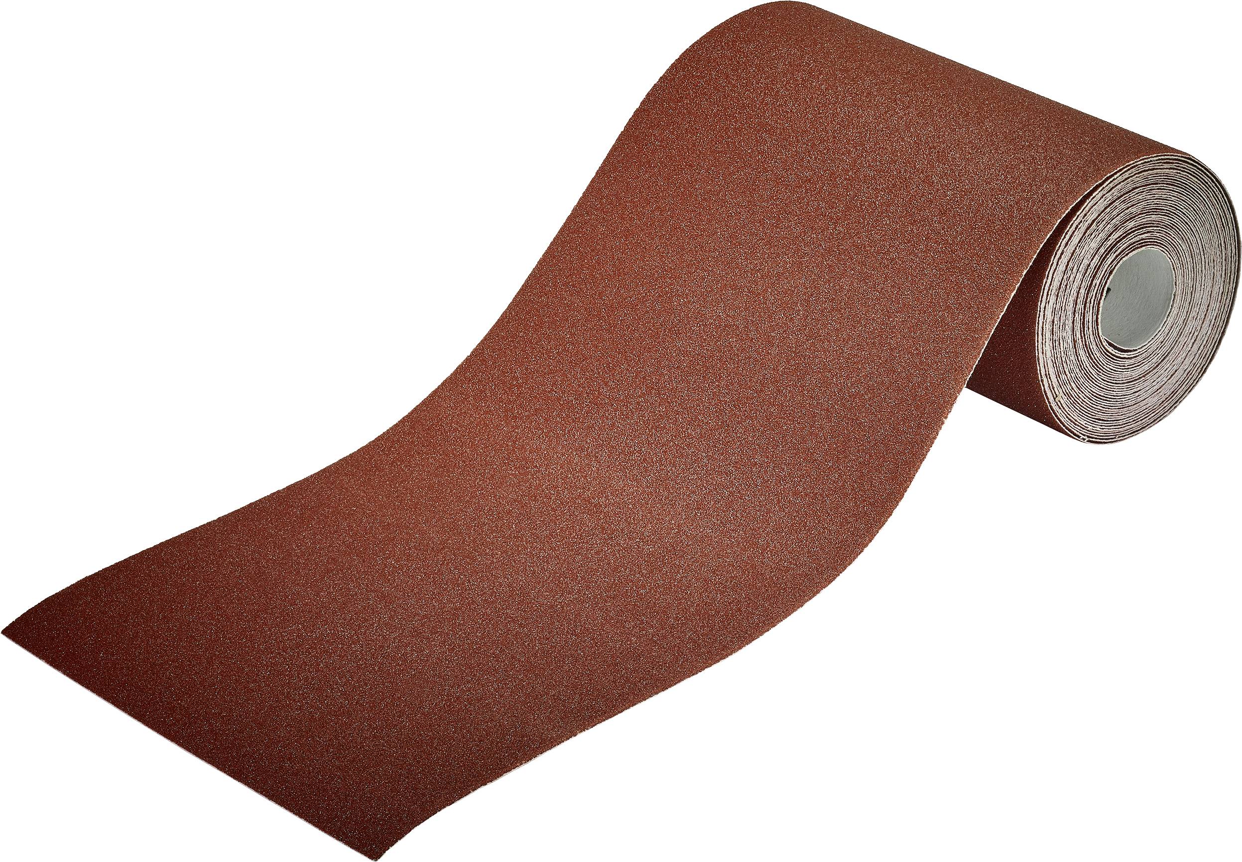 Een rol roestbruin schuurpapier, gedeeltelijk uitgerold, op een witte achtergrond.