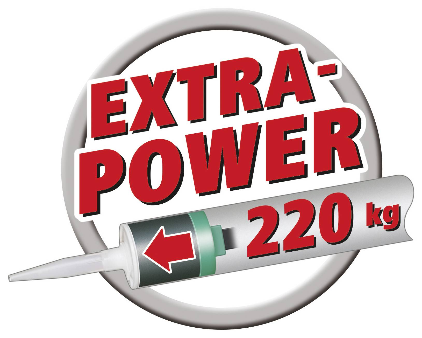 'EXTRA-POWER' in rode letters, ernaast een patroonpistool met de aanduiding '220 kg' op een grijze cirkel.