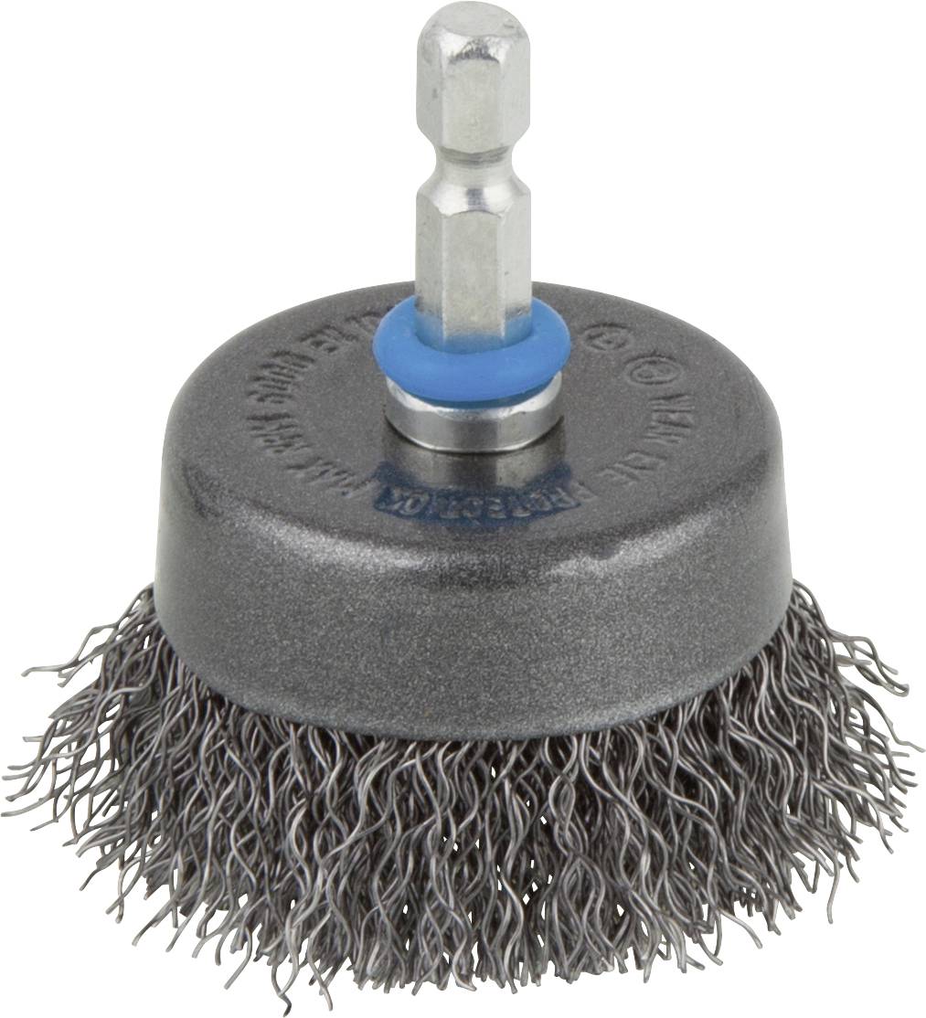Ronde staalborstel met metalen borstels en blauwe ring op de houder, ideaal voor het verwijderen van roest en verf op metalen oppervlakken.