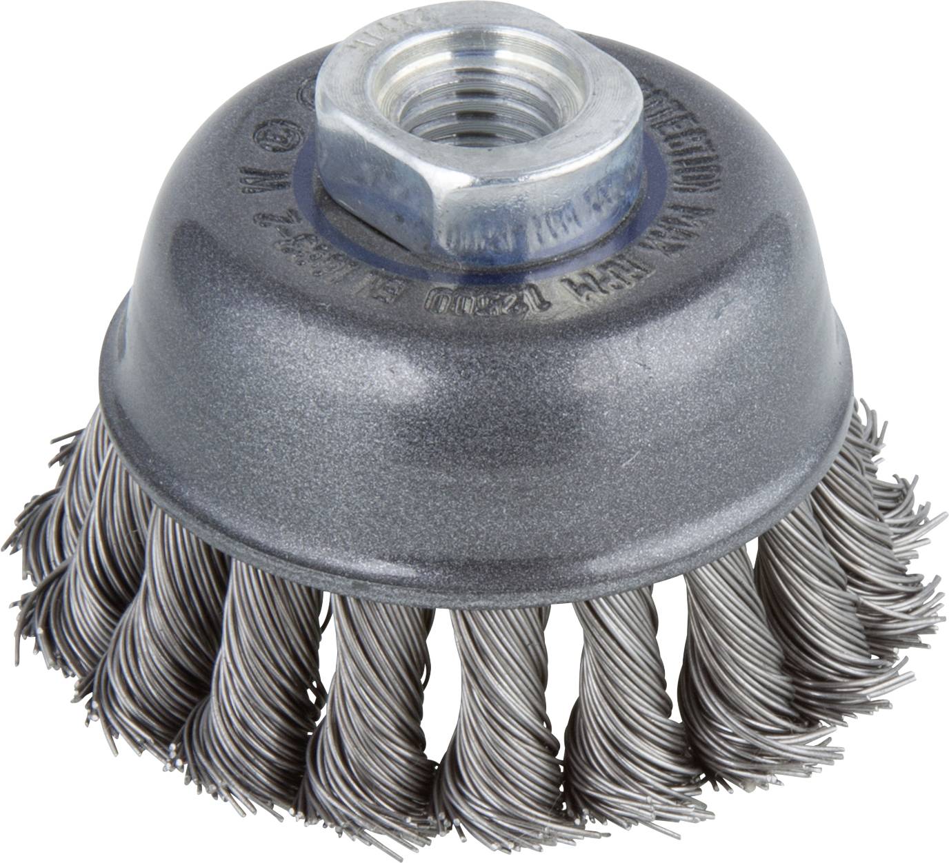 Een ronde draadborstopzetstuk met gedraaide draadborstels en een metalen schroefdraadbus in het midden, typisch gebruikt voor boormachines.