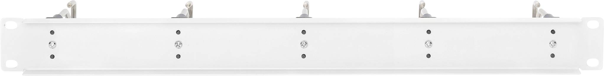 Een witte elektrische rail met meerdere metalen contactpunten bovenaan, gebruikt voor stroomverdeling.