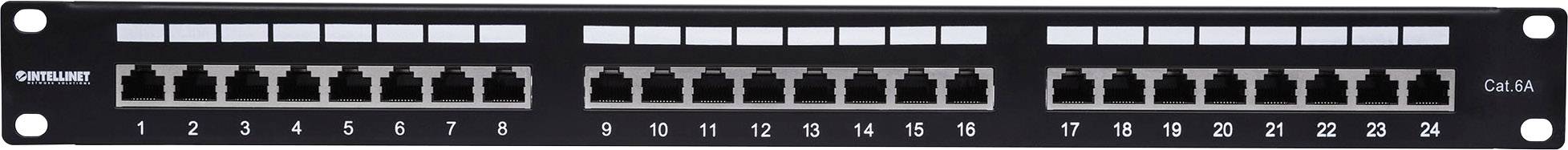 Patchpanel met 24 Ethernet-aansluitingen in twee rijen, genummerd van 1 tot 24. Label bovenaan: DIGITUS.