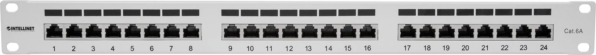 Patchpanel met 24 Ethernet-aansluitingen, genummerd van 1 tot 24, in een metalen behuizing.