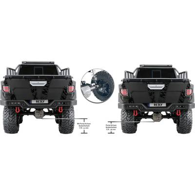 Achteraanzicht van een zwarte terreinwagen met twee verschillende bodemhoogtes. Links: '17,9 mm', rechts: '30 mm'. Gedetailleerde bovenaanzicht van de as in het midden.