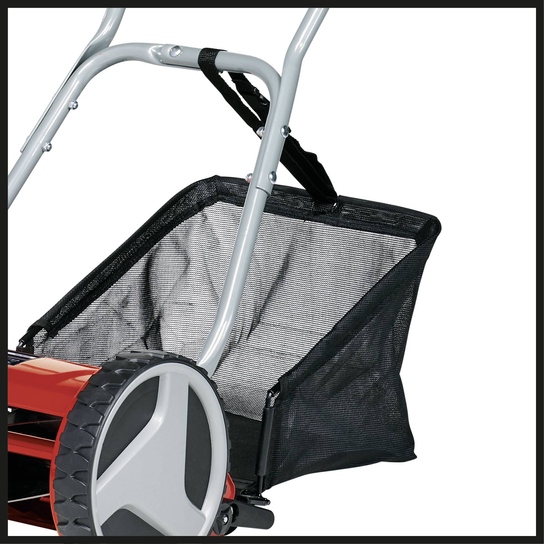 Handmatige grasmaaier met opvangbak. Voorzijde toont grote wielen en roterende spindel voor een precisie-maaibeurt. Ideaal voor kleine tuinen.