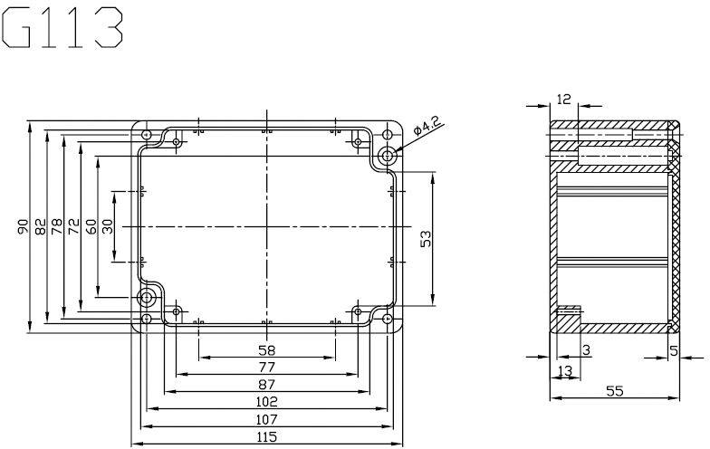 Technische tekening van een rechthoekige behuizing met gedetailleerde afmetingen in millimeters. Voor- en zijaanzicht met schroefgaten.