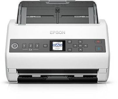 Een Epson flatbedscanner met bedieningselementen en display aan de voorzijde, geschikt voor het digitaliseren van documenten.