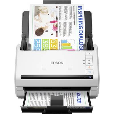 Een Epson-scanner scant een document met diagrammen en tekst over 'Inspirerende dialogen' en 'Oplossingen'.