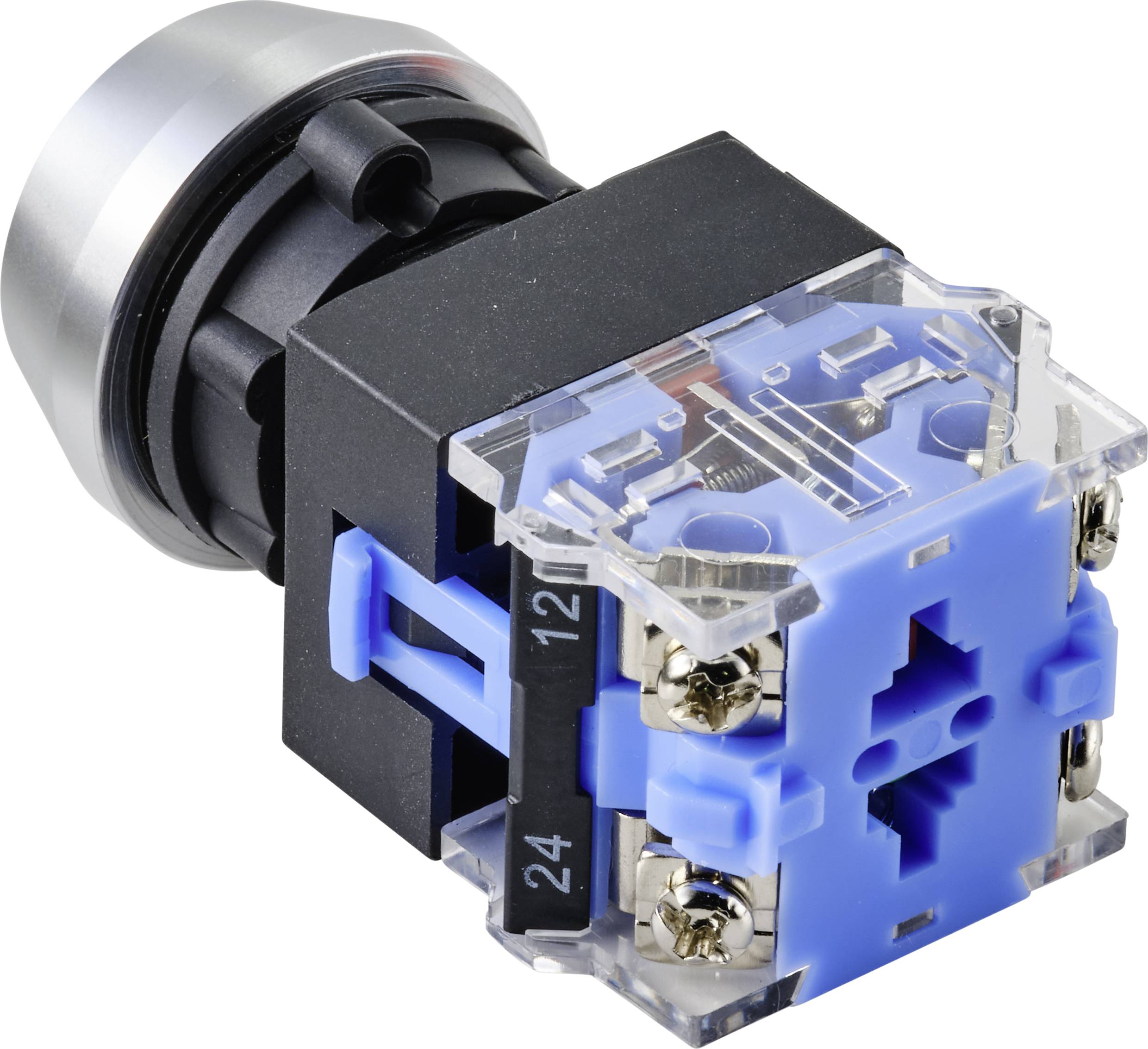 Een ronde drukknop met een heldere en blauwe kunststof behuizing, geschikt voor mechanische of elektrische apparaatbediening.