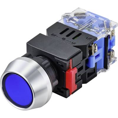 Een zilveren en blauwe drukknop met een zwarte behuizing, verbonden met een transparante schakelmechanisme, is te zien in de weergave.
