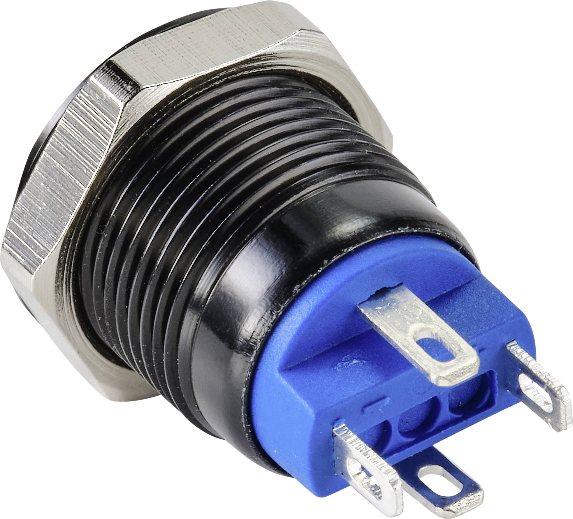 Een blauwe, ronde drukschakelaar met metalen schroefdraad en meerdere aansluitpennen, geschikt voor elektronische schakelingen.