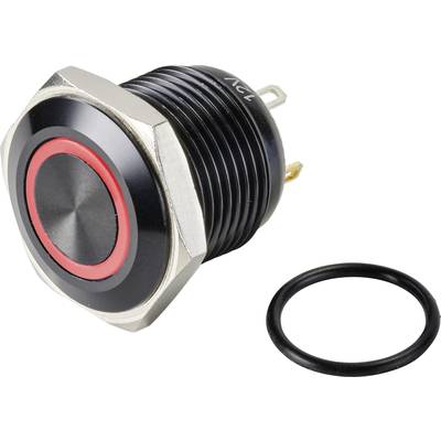 Zwarte drukknop met rode ring en zilveren rand, naast een zwarte afdichtingsring, zijaanzicht.