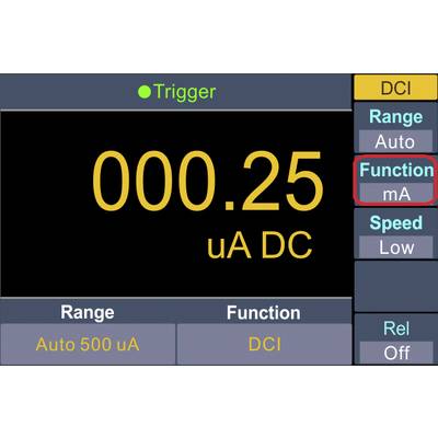 Meetinstrument-display toont '000.25 µA DC'. Modi: DCI, Auto, Low. Functies: Bereik 'Auto 500 µA', mA-functie gemarkeerd.