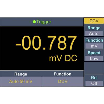 Meetapparaat-display toont '-0.787 mV DC'. Functies: Automatische bereikkeuze, DC spanning, lage snelheid.