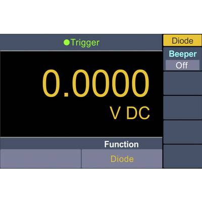 Meetapparaat-display in diodetest-modus, toont '0.0000 V DC'. De trigger is geactiveerd, de geluidssignalering is uitgeschakeld.
