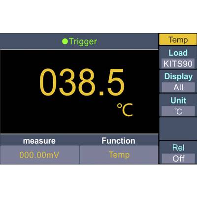 Meetapparaat met digitaal display toont '038.5 °C'. Bedieningsopties rechts: 'Temp', 'Laad KITS90', 'Toon Alles', 'Eenheid °C', 'Rel Uit'.