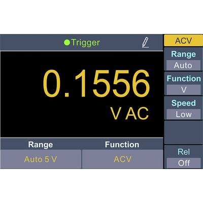 Afbeelding van een weergave die 0,1556 V AC toont, met instellingen: bereik op 'Auto 5 V', functie 'ACV', snelheid 'Laag', relais 'Uit'.