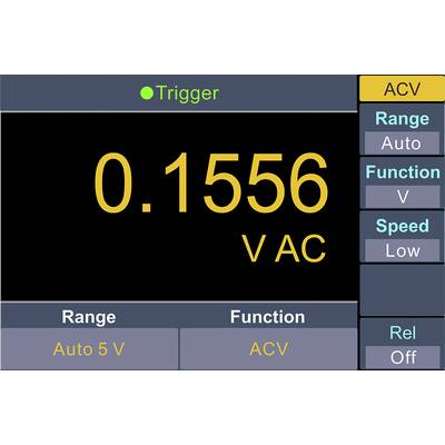 Digitaal meetapparaat-display toont '0.1556 V AC'. Instellingen: ACV, Automatisch bereik, Functie 'V', Snelheid 'Laag', Relatieve waarde 'Uit'.