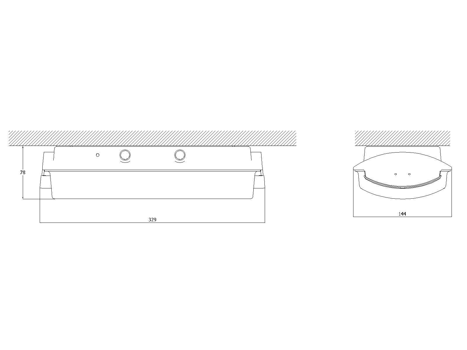 Technische tekening van een plafondlamp met afmetingen: Breedte 339 mm, Diepte 144 mm, Hoogte 78 mm. Vooraanzicht en zijaanzicht.