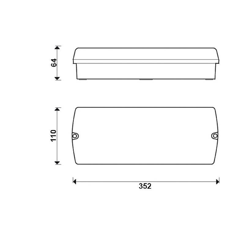 Technische tekening van een rechthoekig onderdeel met afmetingen: 64 mm hoogte, 110 mm breedte, 352 mm lengte. Bovenaanzicht en zijaanzicht.