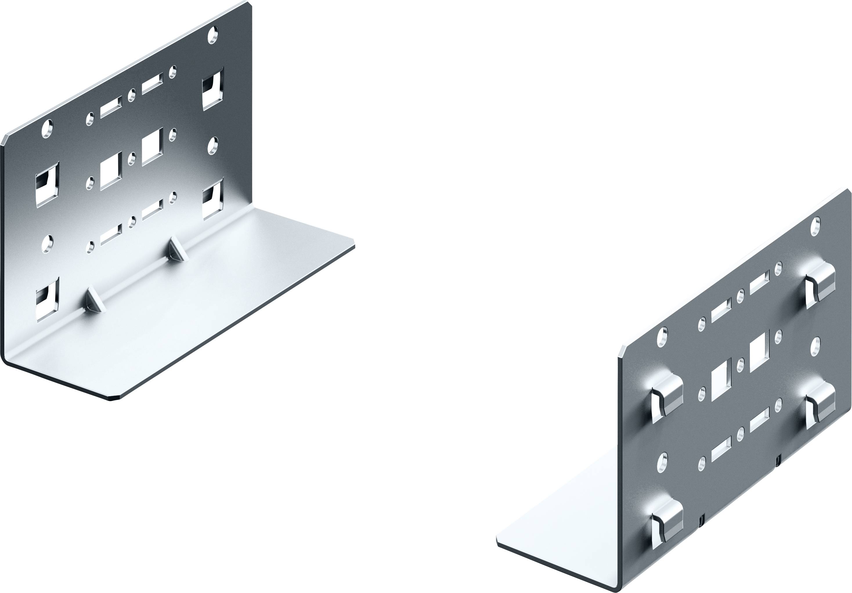 Twee metalen L-vormige hoekverbinders met geboorde gaten, geplaatst onder verschillende hoeken. Ze zijn geschikt voor constructiedoeleinden.