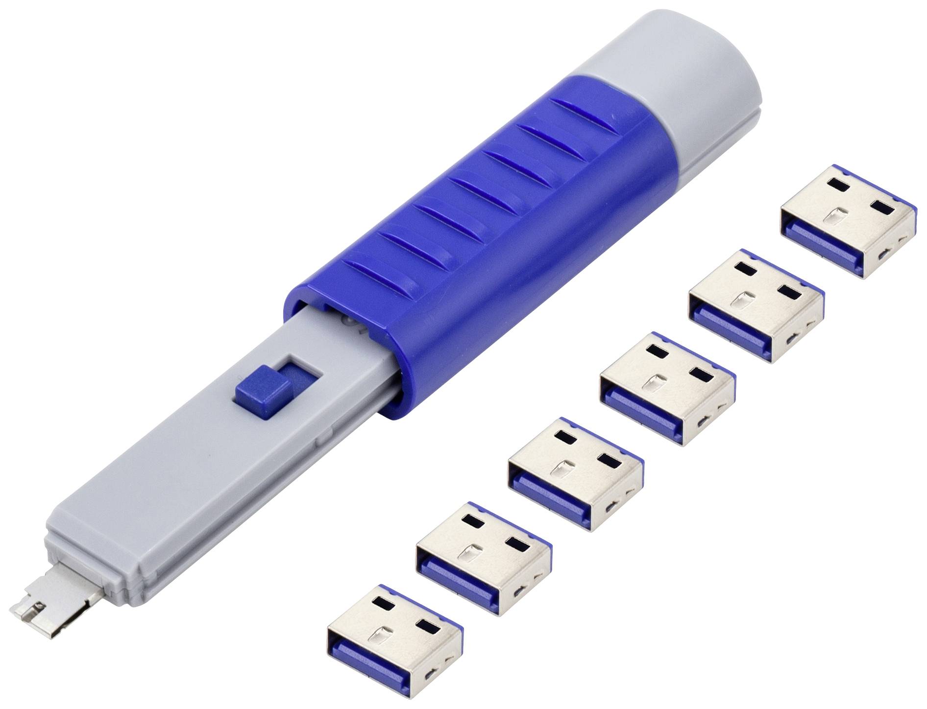 Een blauwe USB-stick met een grijs schuifmechanisme, vergezeld van zes afzonderlijke USB-adapters die symmetrisch zijn gerangschikt.