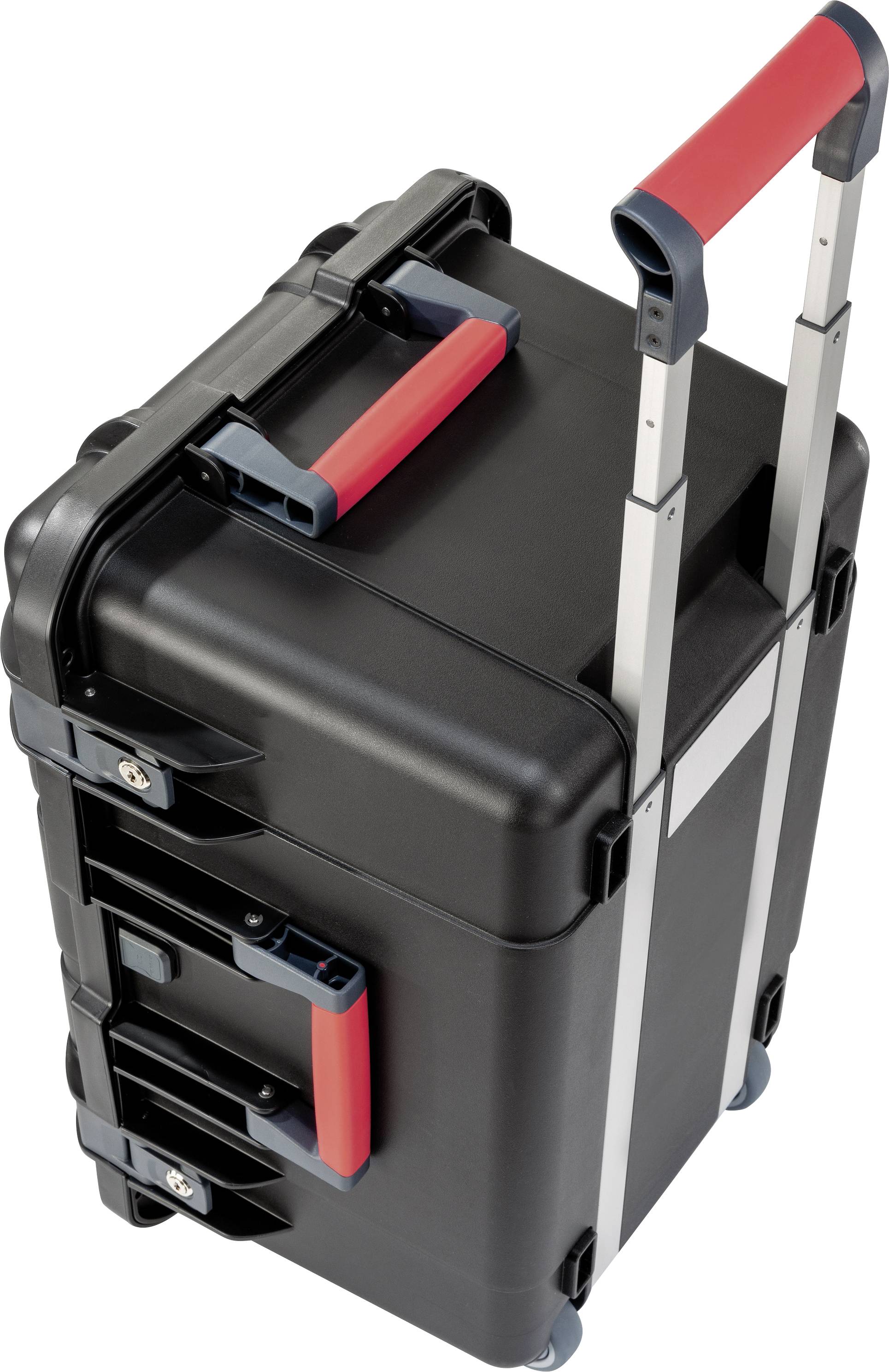 Een zwarte, robuuste rolkoffer met aluminium telescoophandgreep en rode handvatten, geschikt voor reizen en transport van technische apparatuur.