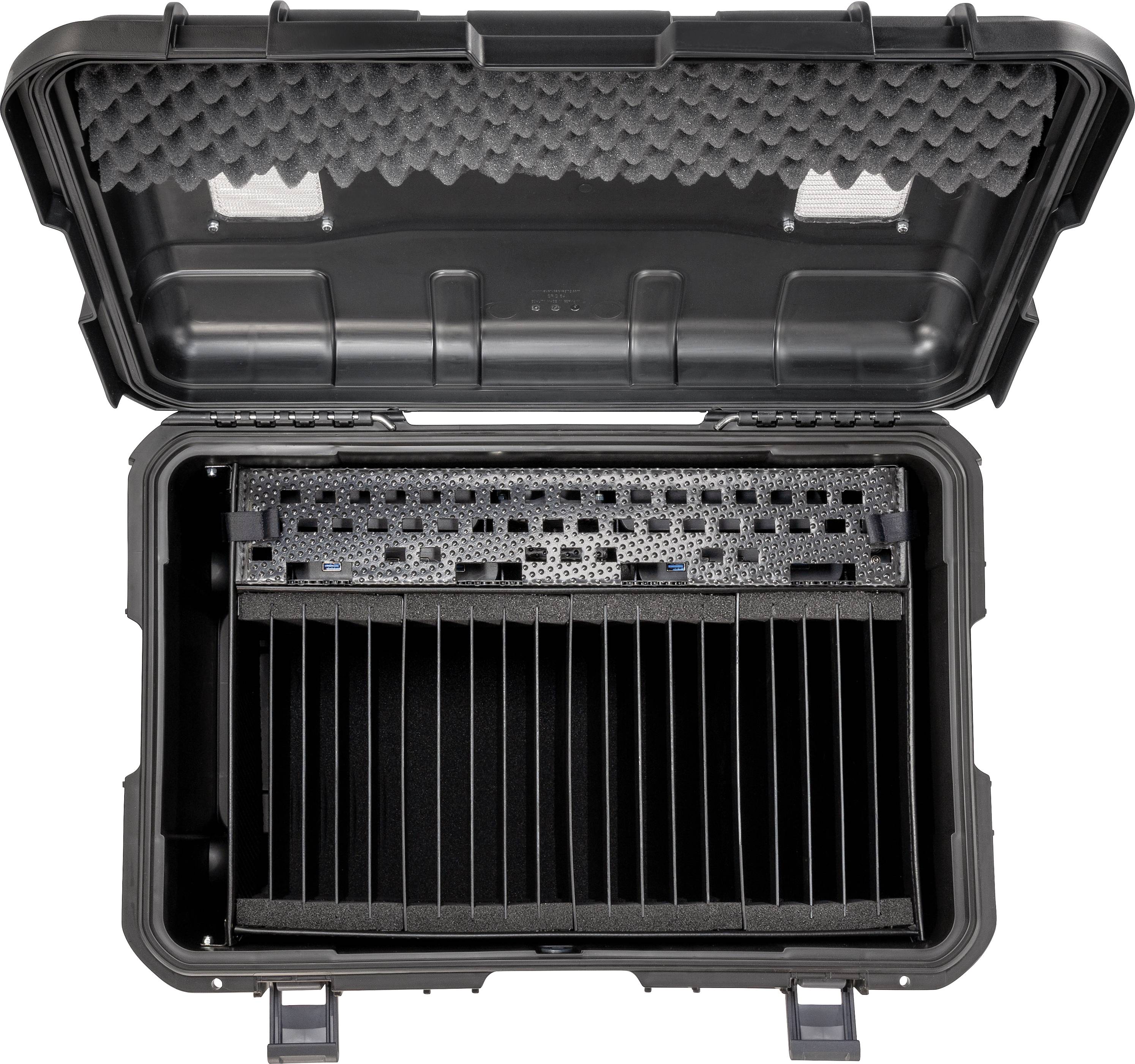 Hardshell koffer met open deksel, toont gewatteerde binnenvakken voor het opbergen van gevoelige elektronische apparaten of gereedschappen.