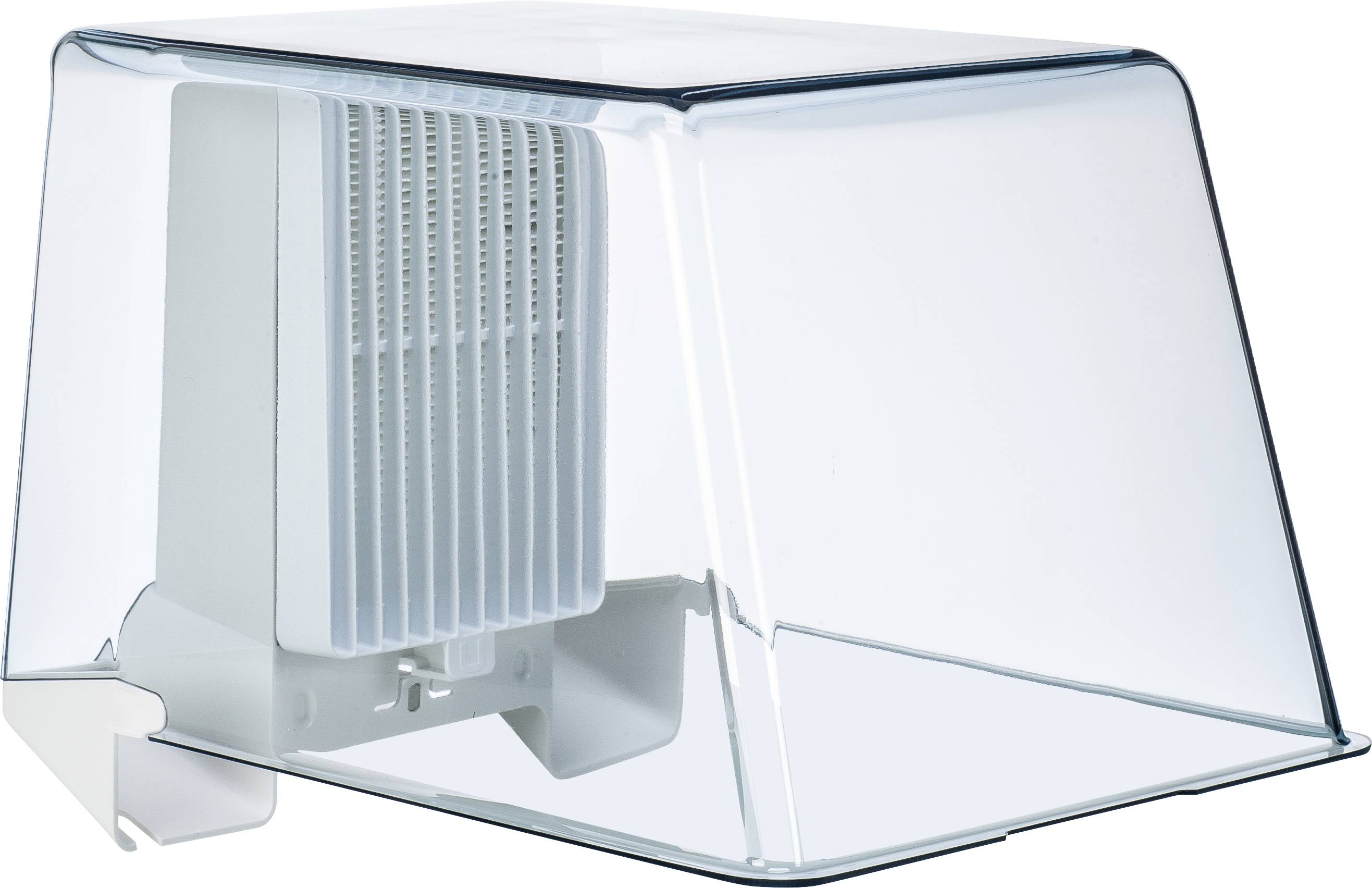Een transparente behuizing met luchtspleten en een geïntegreerd ventilatiesysteem, ontworpen voor gematigde koeling of luchtcirculatie.