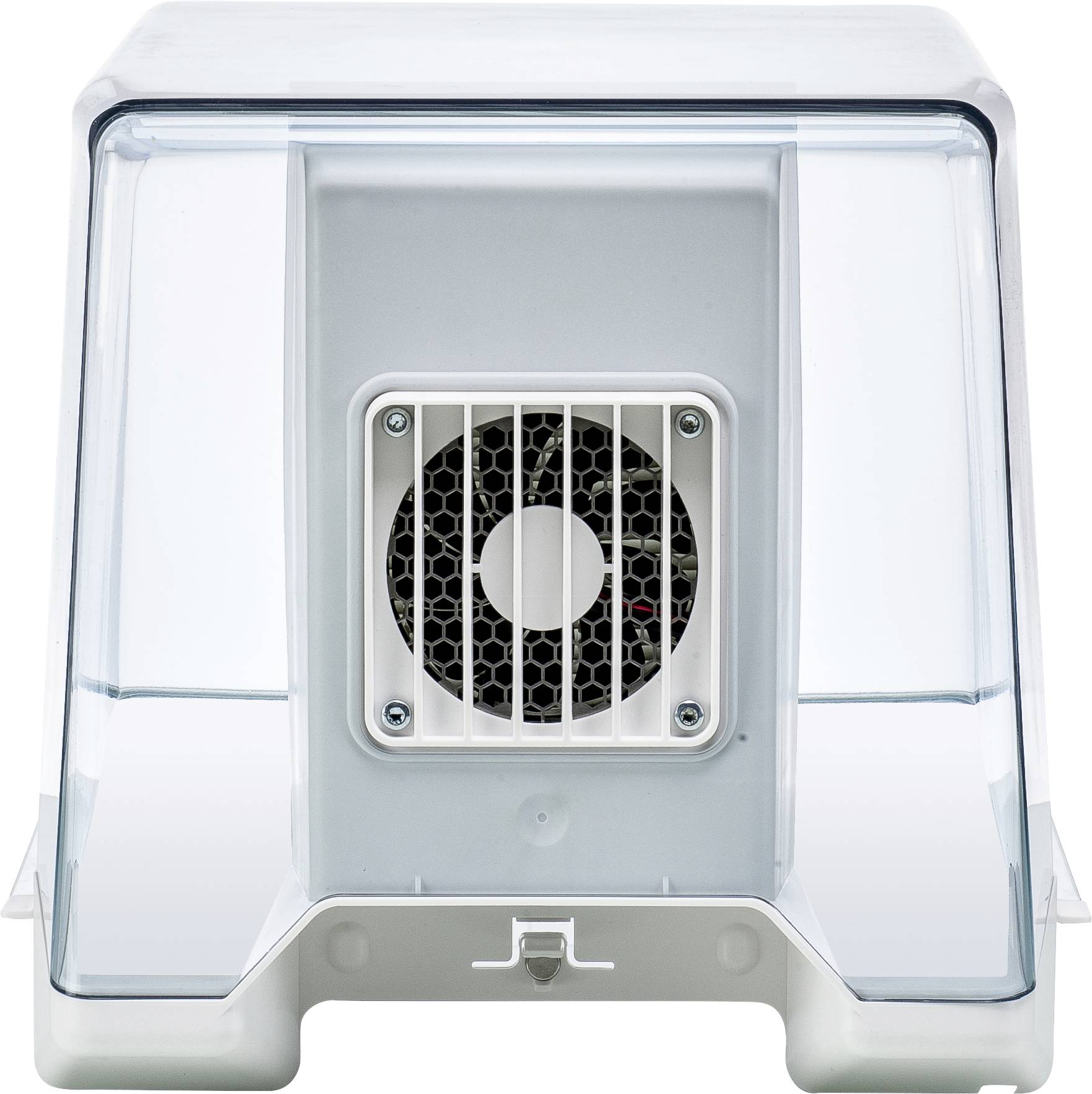 Een transparante kunststof container met een ingebouwde ventilator in het midden. De ventilator is zichtbaar achter een wit rooster.