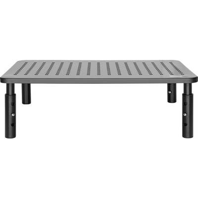 Een verstelbare monitorstandaard van metaal met geperforeerd oppervlak. Vier poten bieden hoogteverstelling voor ergonomisch werken.