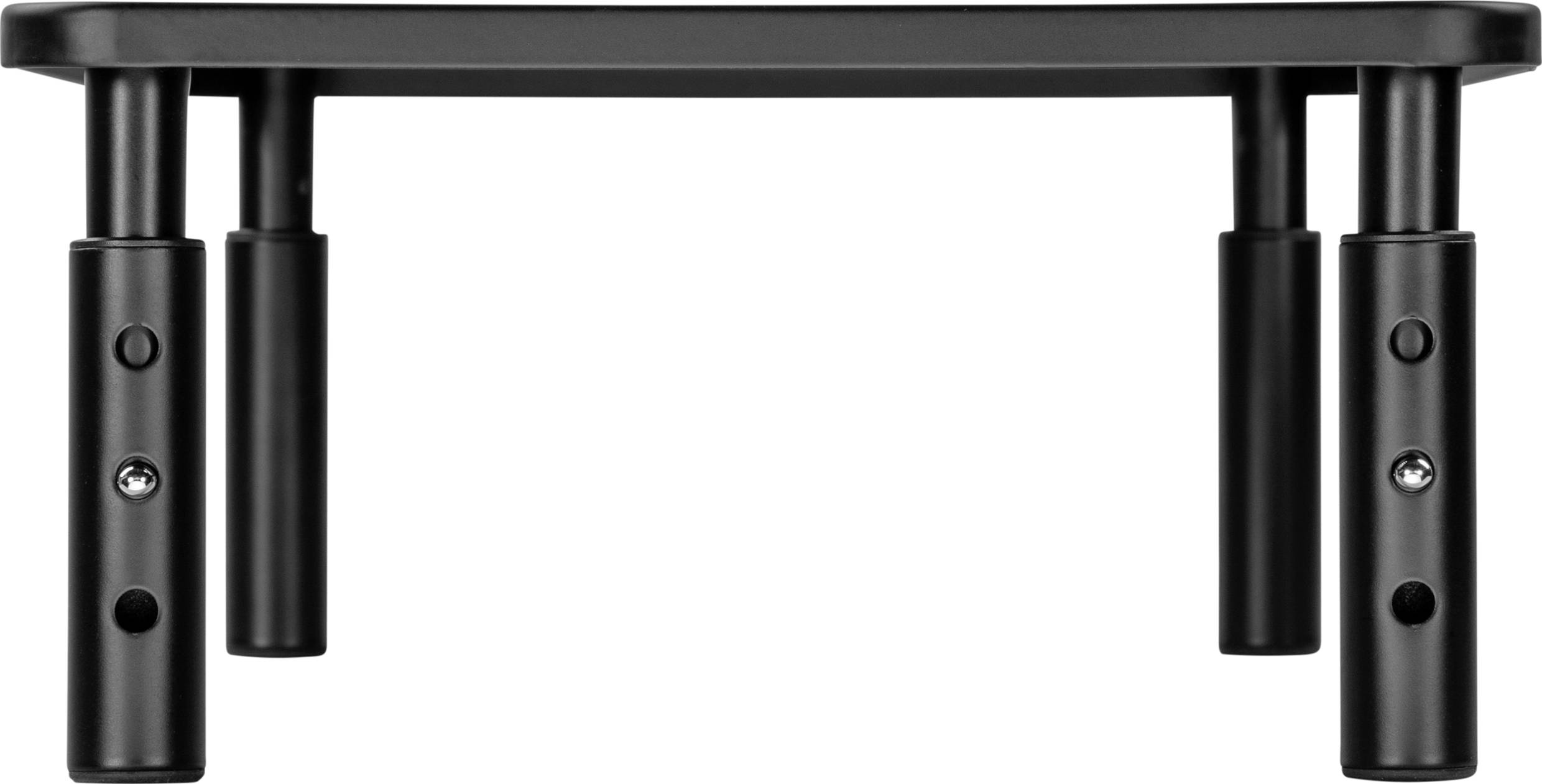 Een zwarte, rechthoekige tafel met vier cilindrische metalen poten.