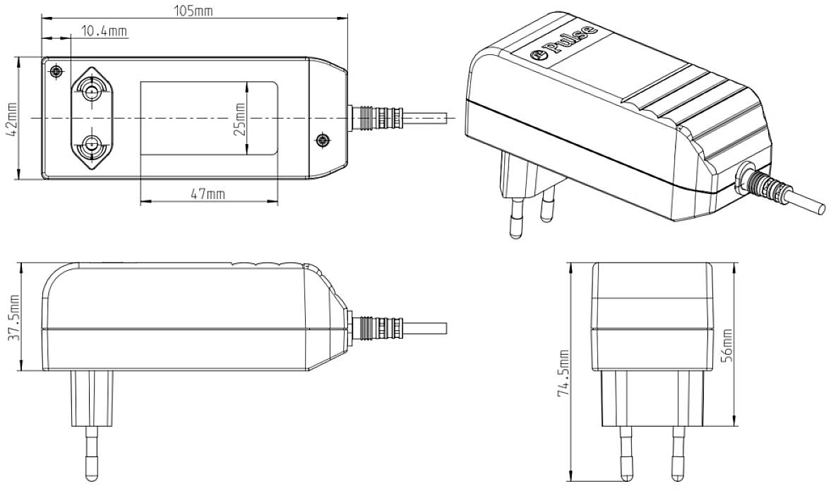 Technische tekening van een stekkervoeding met afmetingen in millimeters: lengte 105 mm, breedte 47 mm, hoogte 56 mm.
