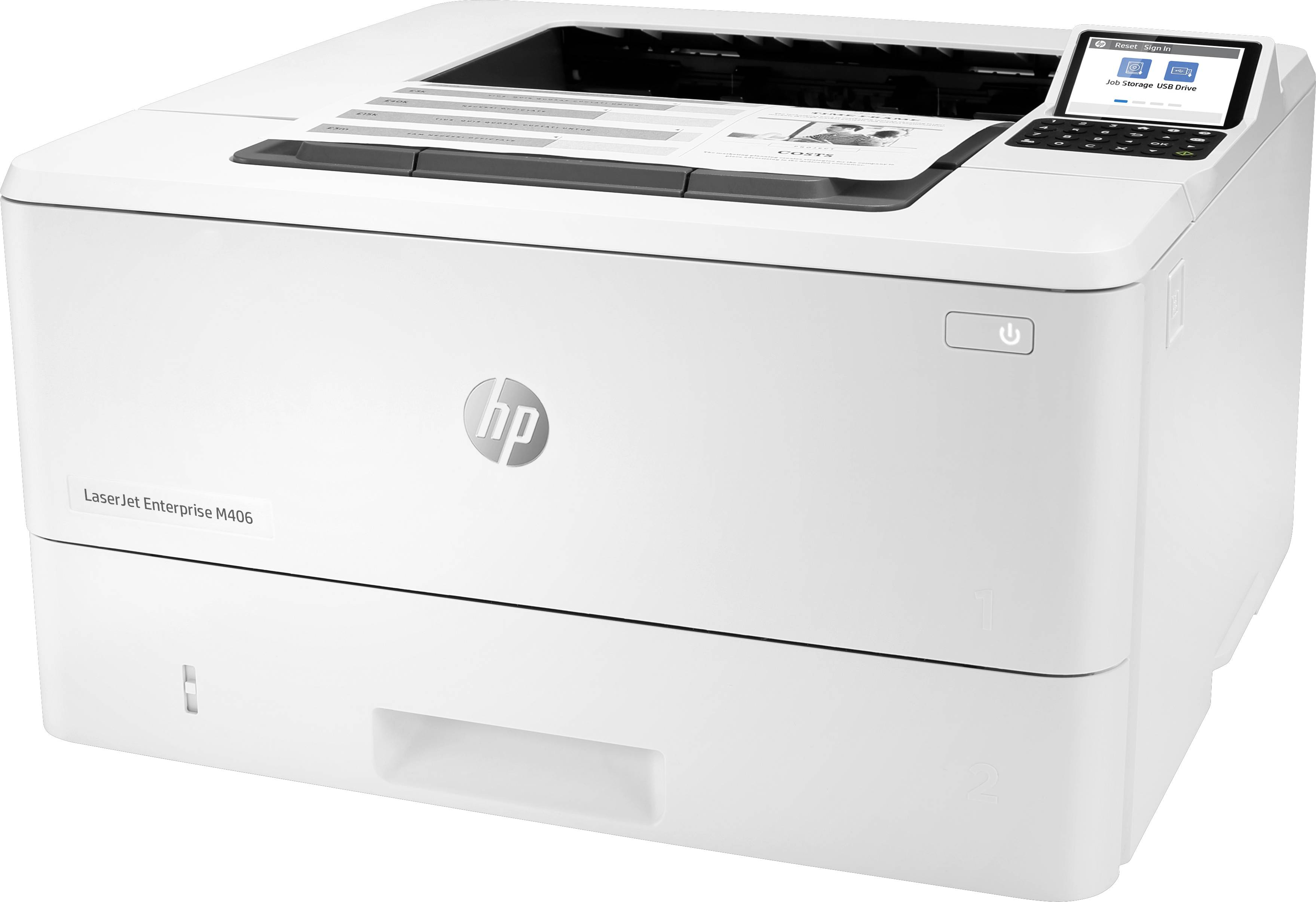 Een witte laserprinter met een klein display en bedieningsknoppen in de rechterbovenhoek; geschikt voor kantoorgebruik.