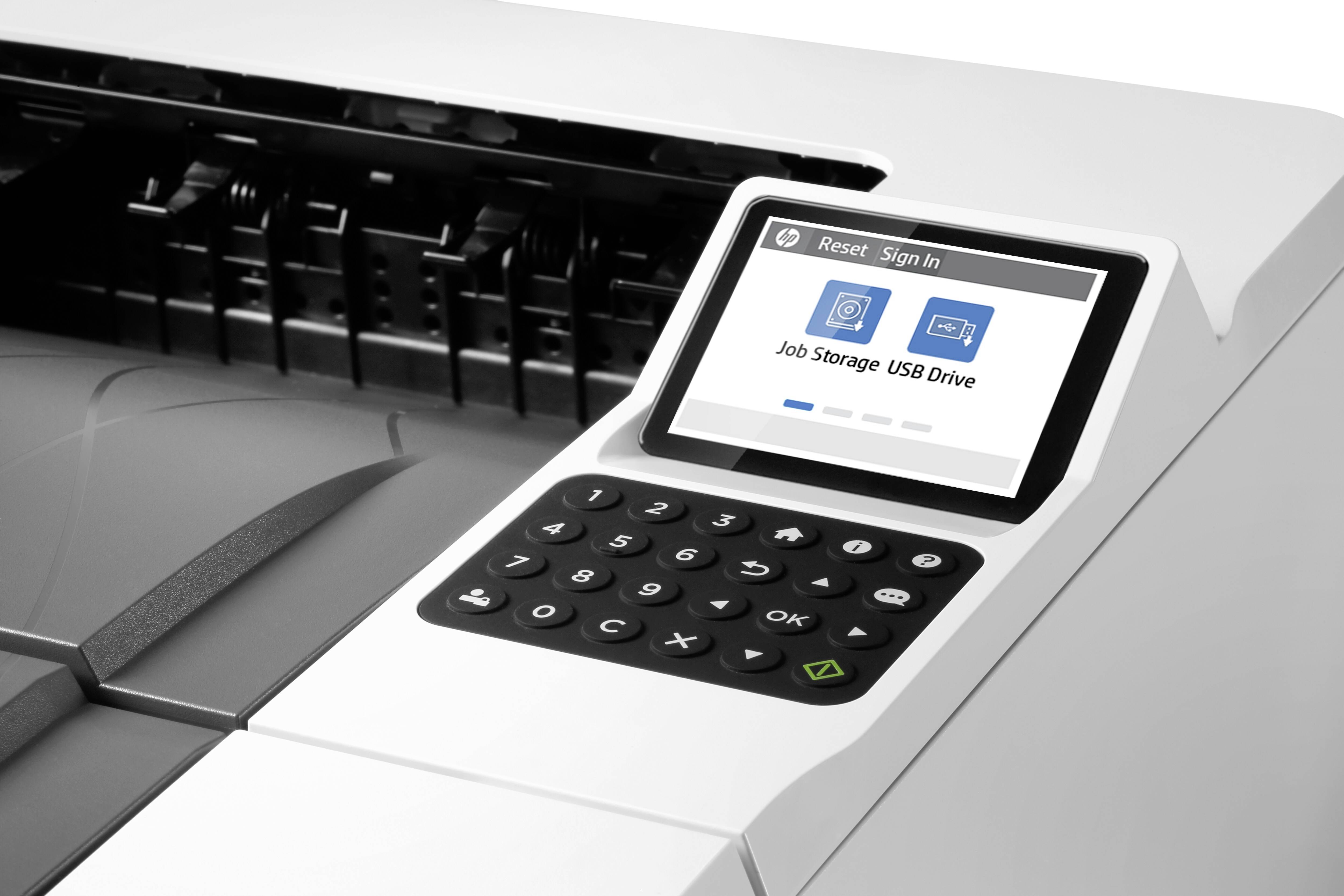 Een printer met een display dat opties zoals 'Taakgeheugen' en 'USB-station' toont. Toetsenblok voor bediening eronder.